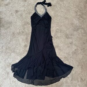 Vintage Y2K City Triangles Black Embellished Halter Midi Dress Hanky Hem Small